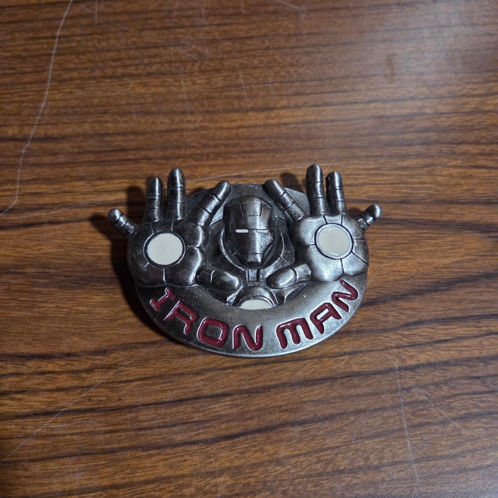 Marvel Iron Man Belt Buckle 2008 Tony Stark Superhero Pewter Tone Metal Red Logo